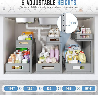 2 Pack 20.47IN Depth Under Sink Storage Organizer, Large 2-Tier Elegant Mesh Pull Out Shelf for Kitchen and Bathroom Cabinet Organization, L-Shaped and Adjustable Height Design-Gun Gray - Image 5