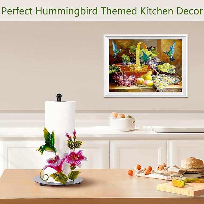 Flower & Hummingbird Decor Paper Towel Roll Holder Countertop - Farmhouse Kitchen Decor and Accessories, Hummingbird Housewarming Gifts for Women Mom Grandma, 3D Handmade Pattern, Weighted Base - Image 5