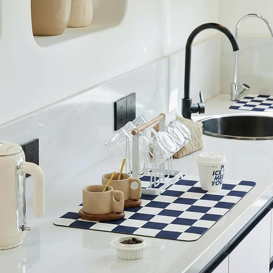 Ohocut Checkered Dish Drying Mat for Kitchen Counter, Coffee Bar Station Accessories, Retro Cute Aesthetic Modern Absorbent Drainer Mat Kitchen Drying Mat Easy Clean (Navy Blue, 19" x 12") by Ohocut