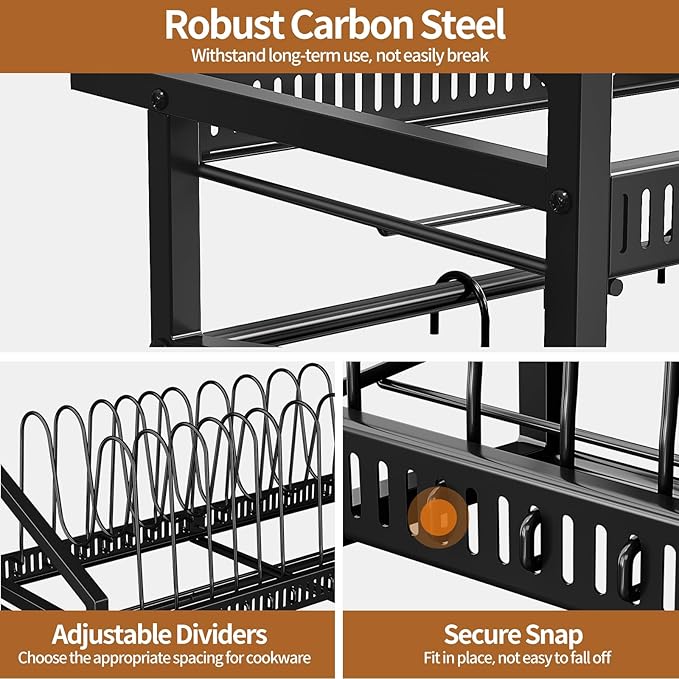 Housolution Pan Rack Wall Mounted, 24.8" Vertical Lid Organizer with 14 Adjustable Dividers, Heavy Duty Hanging Cookware Holder Hanger with 6 S-Hooks & 6 Vertical Hooks - Image 4