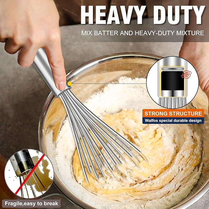 Walfos Whisk,304 Stainless Steel whisk,No-Rust 7+9+11inch Whisks for cooking Nice for Blending,Whisking,Beating.Heat resistant 600°F Dishwasher Safe. Heavy duty kitchen whisk.17.7+22.8+27.9cm -SILVER - Image 3