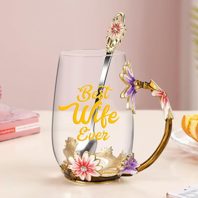 OEAGO Gifts for Wife from Husband Romantic Tea Cup Gifts for Her Birthday Flower Glass Mugs Wedding Mothers Day Christmas Anniversary - Image 7