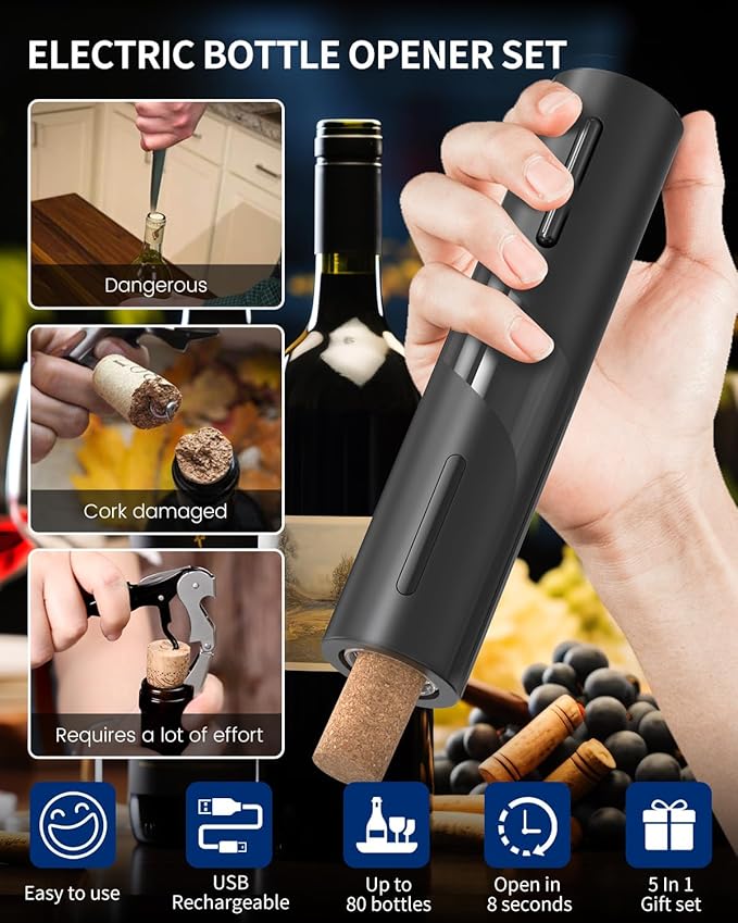 CIRCLE JOY Electric Wine Bottle Opener Set Rechargeable Wine Corkscrew Cordless Wine Opener Gift Set with Charging Base, Foil Cutter, Wine Aerator Pourer and Vacuum Wine Stopper, Black - Image 2