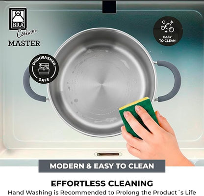 BRA COOKWARE Master Stainless Steel Stock Pot w/Glass Lid | 9.5 Inch 4 Quart Premium 18/10 Cooking Pot | PFAS Free Deep Pot | Silicone Coated Handles | All Cooktops (incl. Induction) | Shiny Finish