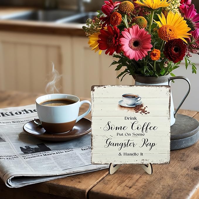 Coffee Bar Sign Plaque for Coffee Station,Vintage Cafe Sign Decor for Kitchen,Cafe Bar Accessories for Farmhouse Kitchen Office(Beige, 5.9x5.9inches) - Image 5