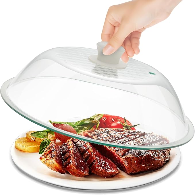 OEC Lighter Weight Tempered Glass Microwave Splatter Cover - 10 inch (Inner Diameter 8.7”) - Heat-Resistant - Durable Glass Lid with Vent, Silicone Knob, Dishwasher Safe, 100% Food Grade - BPA Free by OEC