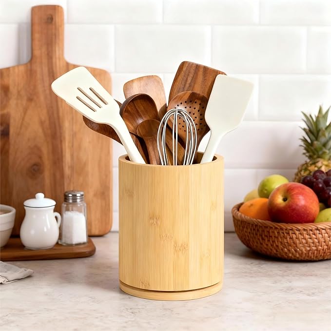 Wooden Utensil Holder, 360°Rotating 7.3'' Large Utensil Holder for Kitchen Counter, Kitchen Utensil Organizer, Utensil Crock, Farmhouse Kitchens Countertop Decor, Bamboo Wood - Image 8