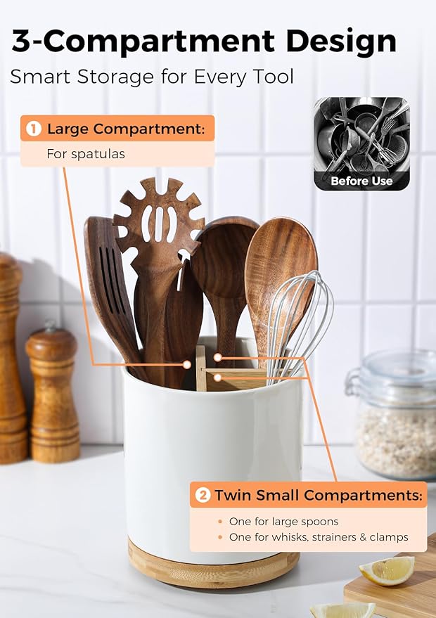 LoeJan 3 Compartment Utensil Holder, Extra Large Utensil Crock, Stable Ceramic Utensil Organizer, Cooking Tool Organizer Set for Kitchen Counter Farmhouse Decor (C-White(Grossy)) - Image 3