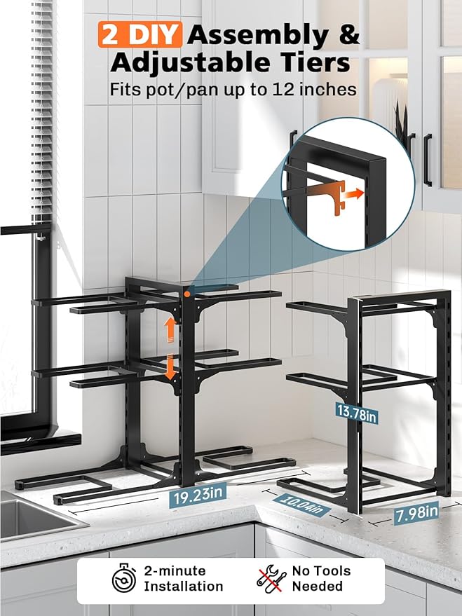 MUDEELA 6-Tier Pots and Pans Organizer under Cabinet, 13.78" Height Heavy Duty Pot and Pan Organizer Kitchen Cabinet Organization and Storage, Adjustable Pot Rack for Frying Pan, Cast Iron Skillet - Image 3