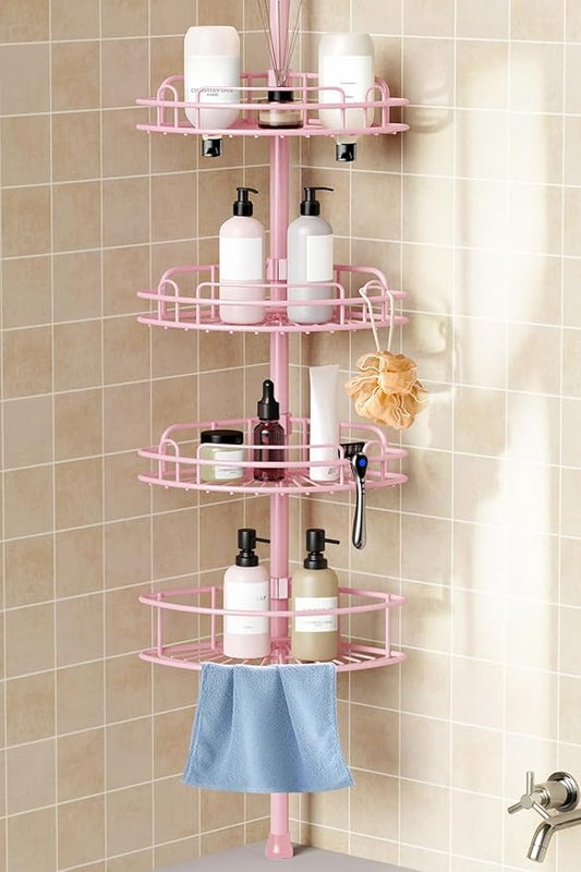 HAMITOR Corner Shower Caddy Tension Pole: 4-Tier Rust-Resistant Adjustable Bathroom Organizer Shelves - 47-121 Inch No-Drill Quick Installation - Space-Saving Storage for Renters Family - Pink by HAMITOR