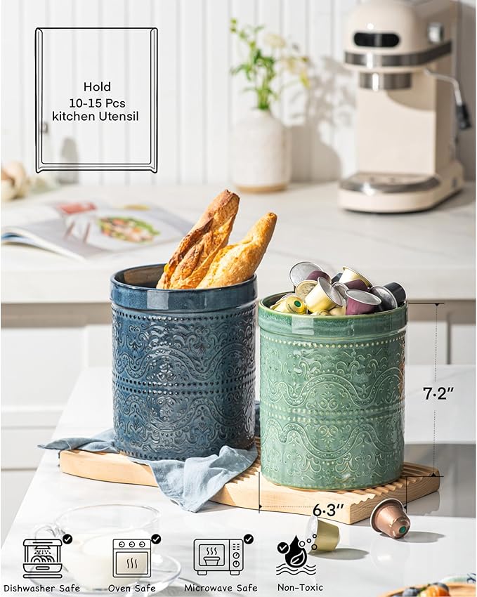 Kitchen Utensil Holder, 7 Inches Large Ceramic Utensil Holder for Countertop, Lace Emboss Cooking Utensil Crocks for Kitchen, Home Decor, Reactive Blue - Image 4