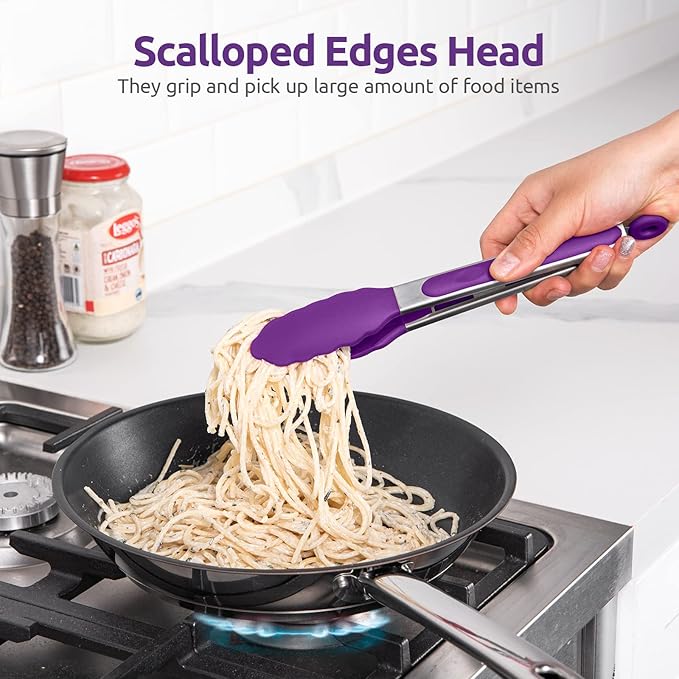 600ºF Heat Resistant Kitchen Tongs: U-Taste 9 inch Silicone Cooking Tong with Firm Sealed Non Stick Rubber Tips & Silicon Coated 18/8 Stainless Steel Handle & Smooth Locking for Serving Grill (Purple) - Image 4