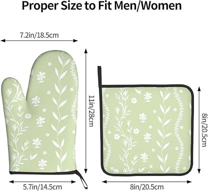Sage Green Oven Mitt Pot Holder Set Floral BBQ Cooking Gloves Farmhouse Botanical Baking Grilling Kitchen Gifts for Spring Summer - Image 3
