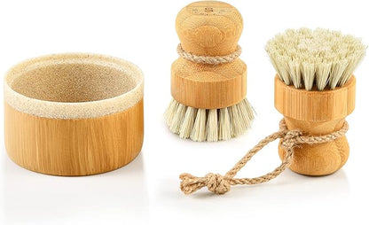 SUBEKYU Bamboo Dish Brush Set with Soap Holder, Wooden Dish Scrubber with Soap Dispenser, Natural Kitchen Scrub Brush, Washing Pot/Pans/Cast Iron, 2 Pack, Sisal Bristles by SUBEKYU