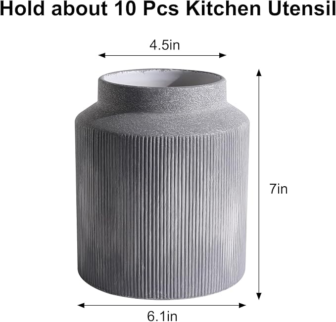 Farmhouse Ceramic Farmhouse Kitchen Utensil Holder for Countertop, Rustic Cooking Utensil Holder Crock Fit for Kitchen Counter.Grey 6.1 x 6.1 x 7 IN - Image 2