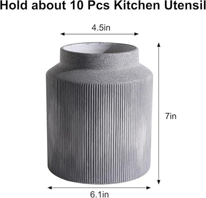 Farmhouse Ceramic Farmhouse Kitchen Utensil Holder for Countertop, Rustic Cooking Utensil Holder Crock Fit for Kitchen Counter.Grey 6.1 x 6.1 x 7 IN - Image 2