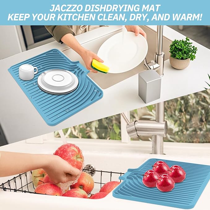 Dish Drying Mat for Kitchen Counter, with Built-in Drain Lip, Food-Grade Silicone, Easy Clean Pad for Countertop Protection, Multi-Functional Use (18x11.8, Light Blue) - Image 7