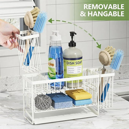 Cisily White 2-Tier Kitchen Sink Caddy Organzier Rack with Flexible Dish Brush Holder, Sponge Holder for Kitchen Sink Countertop Organization Storage,Home Decor Accessories - Image 3