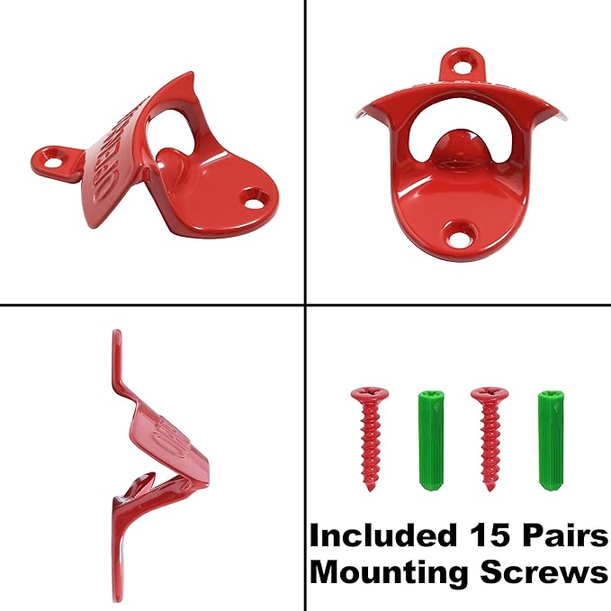 15 PCS Red Wall Mounted Beer Bottle Opener Rustproof, Bulk Soda Cap Opener Caddy Mount for DIY Gift - Image 4