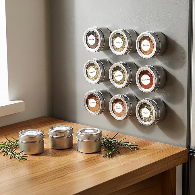 Bekith 20 Pack Magnetic Spice Jars, Magnetic Spice Containers for Refrigerator, Seasoning Tins with Clear Top Lid, 240 PVC Spice Label Set - Image 6