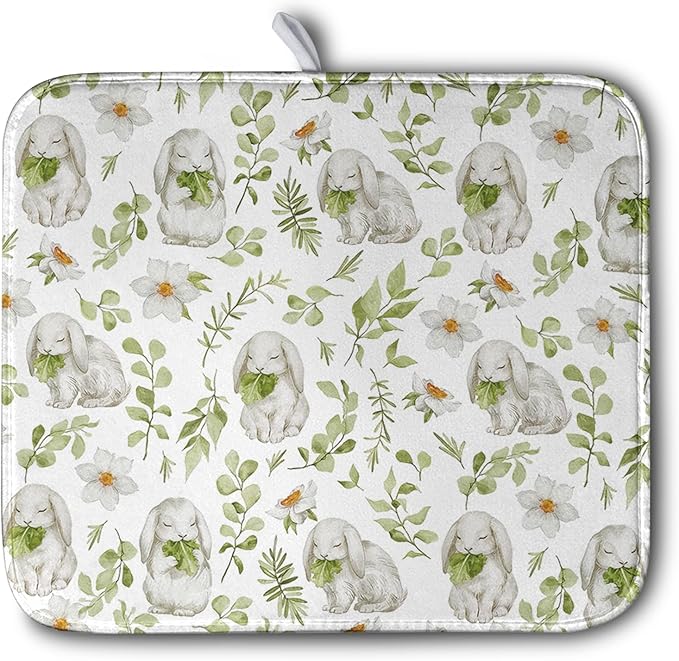 Easter Bunny Floral Drying Mat for Kitchen Counter Spring Easter Rabbits Green Leaves Dry Dish Mat Absorbent Microfiber Dish Draining Washable Dish Drainer Rack Mat 16x18 Inch by Kwlegh