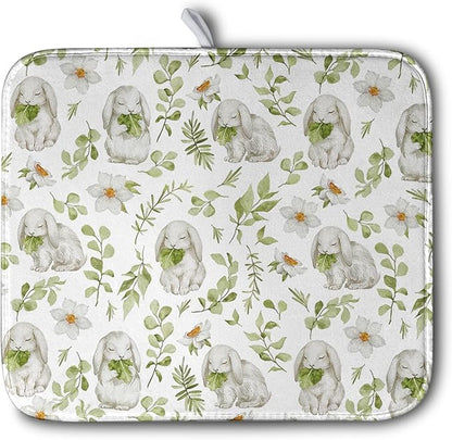 Easter Bunny Floral Drying Mat for Kitchen Counter Spring Easter Rabbits Green Leaves Dry Dish Mat Absorbent Microfiber Dish Draining Washable Dish Drainer Rack Mat 16x18 Inch by Kwlegh