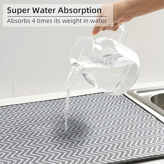 SUBEKYU Dish Drying Mat for Kitchen Counter, Microfiber Absorbent Dishes Drainer/Rack Pads under Sink, 19.6 by 16.1 inches, Set of 2, Grey, Ripple - Image 5