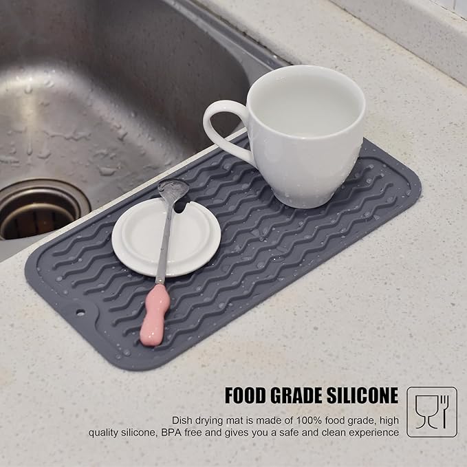 Silicone Dish Drying Mat, Non-Slip Easy Clean Sink Mat Large Heat-resistant Dish Drainer Mat for Kitchen Counter, Sink, Refrigerator or Drawer liner (12" x 6", GREY) - Image 6