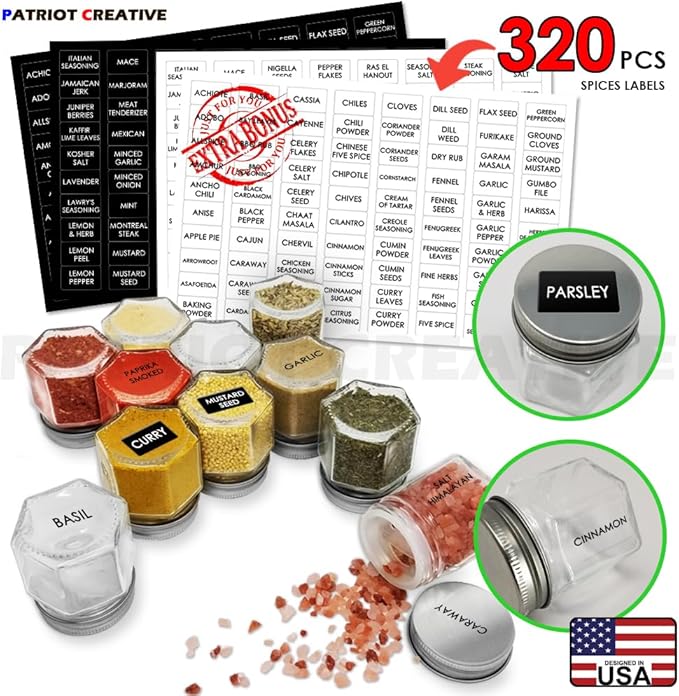 PATRIOT Set of 25 Hexagon Glass Spice Jars with Shaker Lids and Labels for Refrigerator, Kitchen, RV Travel Trailer Magnetic Containers