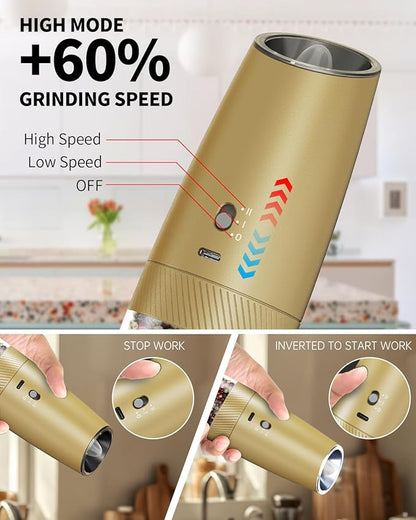 CIRCLE JOY 2-Speed Gravity Electric Pepper Grinder, Rechargeable Salt Grinder Pepper Mills, Adjustable Coarseness, White LED Light, 135ML Large Capacity, Gold - Image 3