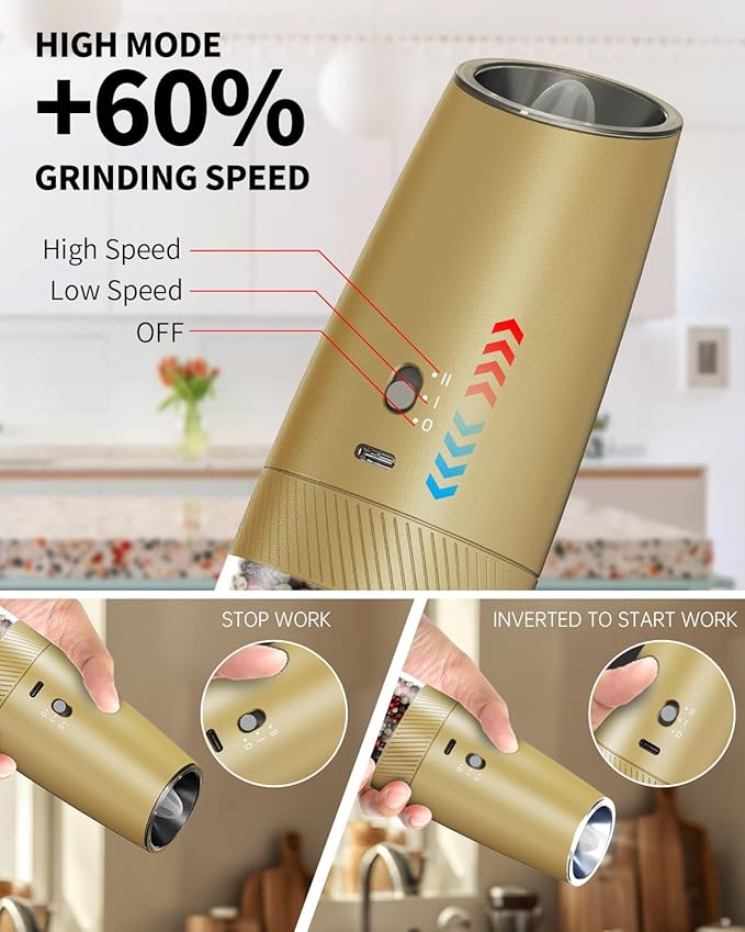 CIRCLE JOY Gravity Electric Salt and Pepper Grinder Set with 2-Speed, Rechargeable Salt and Pepper Grinder Set, Adjustable Coarseness, Whiet LED Light - Image 2