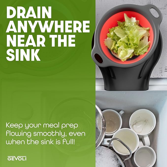 Gevoli Collapsible Colanders with Self-Draining Base for Edge of Sink, Food Strainers (Small/Med/Large), Nested Design for Easy Storage (Red, Blue, Green) (4PC Set) - Image 7