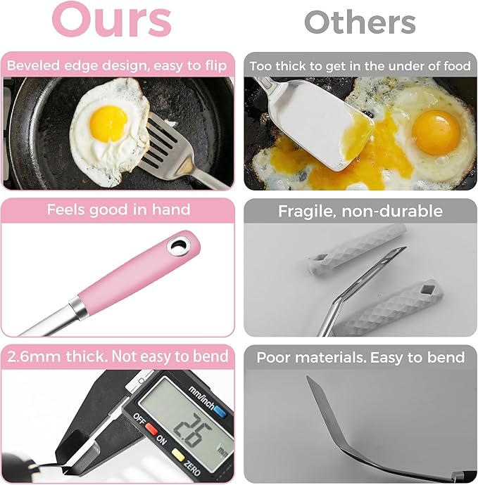 18/0 Stainless Steel Cooking Utensils Set, Heavy Duty Pink Handle for Kitchen Daily Use Party Wedding Housewarming, Dishwasher Safe, 9 Pieces - Image 2