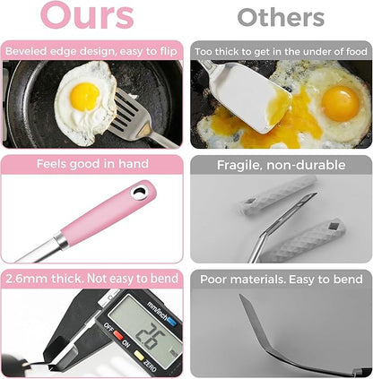 18/0 Stainless Steel Cooking Utensils Set, Heavy Duty Pink Handle for Kitchen Daily Use Party Wedding Housewarming, Dishwasher Safe, 9 Pieces - Image 2