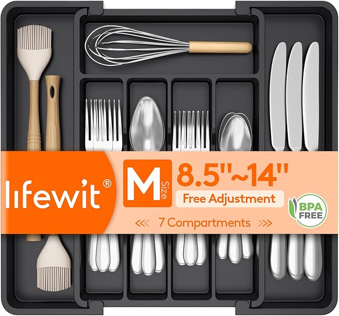 Lifewit Expandable Silverware Organizer, Plastic Utensil Tray for Kitchen Drawer, BPA Free Flatware Cutlery Holder, Space-Saving Storage for Spoons Forks Knives, 8.5-14 x 12 x 1.5 inch, Black by Lifewit