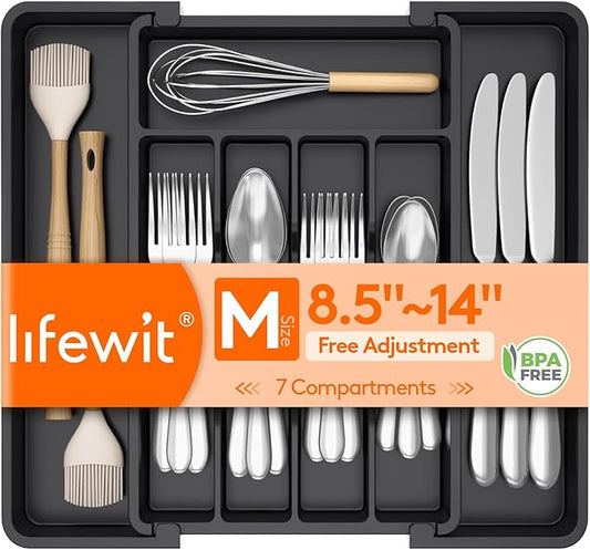 Lifewit Expandable Silverware Organizer, Plastic Utensil Tray for Kitchen Drawer, BPA Free Flatware Cutlery Holder, Space-Saving Storage for Spoons Forks Knives, 8.5-14 x 12 x 1.5 inch, Black by Lifewit