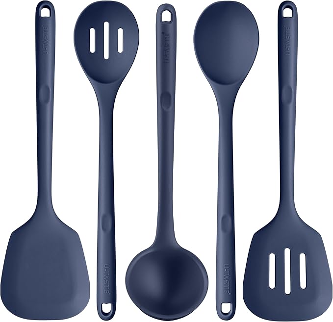 Silicone Kitchen Cooking Utensil Set: U-Taste High Heat Resistant 13.6in Kitchen Gadgets, BPA Free Non Stick Rubber Cook Accessories For Stir Frying, Serving, Basting, Mixing (5 Pieces, Midnight Blue) by U-Taste