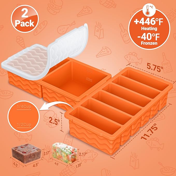 2-Pack Silicone Freezer Trays with Lid, 2 Large 2-Cup(500ml) & 6 Small 1/2-Cup(125ml) Soup Freezer Container Molds, Ice Cube Tray For Meal Prep & Freezing Soup, Stews, Sauces, Oven & Dishwasher-Safe - Image 6