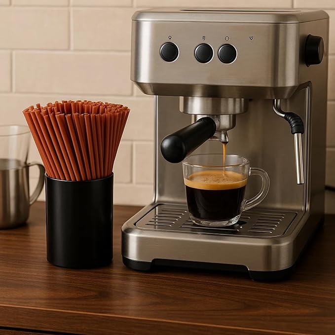 250 Pcs Brown Coffee Stirrers Set with Plastic Holder – Coffee Stir Sticks, Cocktail Straws for Coffee Bar, Home, Kitchen & Party Supplies