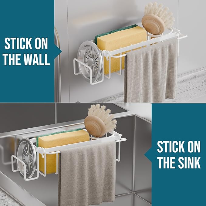TAILI Sponge Holder with Strong Suction Cup, 4-in-1 Rustproof Sink Organizer - Sink Caddy Holds Sponges, Brushes, Stoppers & Scrapers -White - Image 7