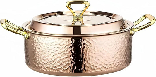 YJX 6.7QT Hammered Stock Pot with Lid, Copper Rose Gold, Tri-Ply Stainless Steel, Multi-Functional Cookware for Bake Roast Braise Saute, Magnetic Base, Dishwasher and Oven Safe (30CM)