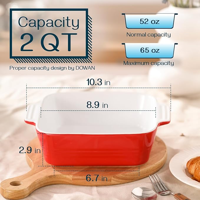 DOWAN 8x8 Baking dish, Square Baking Pan, Ceramic Casserole Dishes for Oven, Cake Pan with Handle, for Brownie, Lasagna, Casserole, 2 Quart, Home Gift, Wedding Gift, Red - Image 2