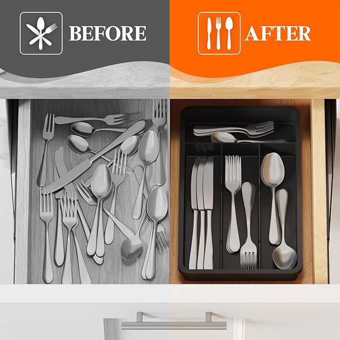 Lifewit Silverware Drawer Organizer Tray, Plastic Cutlery Storage for Kitchen, Flatware and Utensil Holder Divider for Spoons Forks Knives Tableware, 7.8 x 12.4", 4 Slots, Black - Image 6