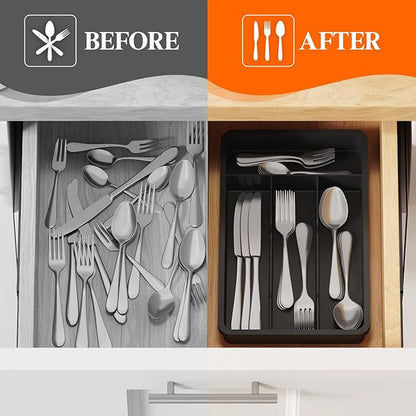 Lifewit Silverware Drawer Organizer Tray, Plastic Cutlery Storage for Kitchen, Flatware and Utensil Holder Divider for Spoons Forks Knives Tableware, 7.8 x 12.4", 4 Slots, Black - Image 6