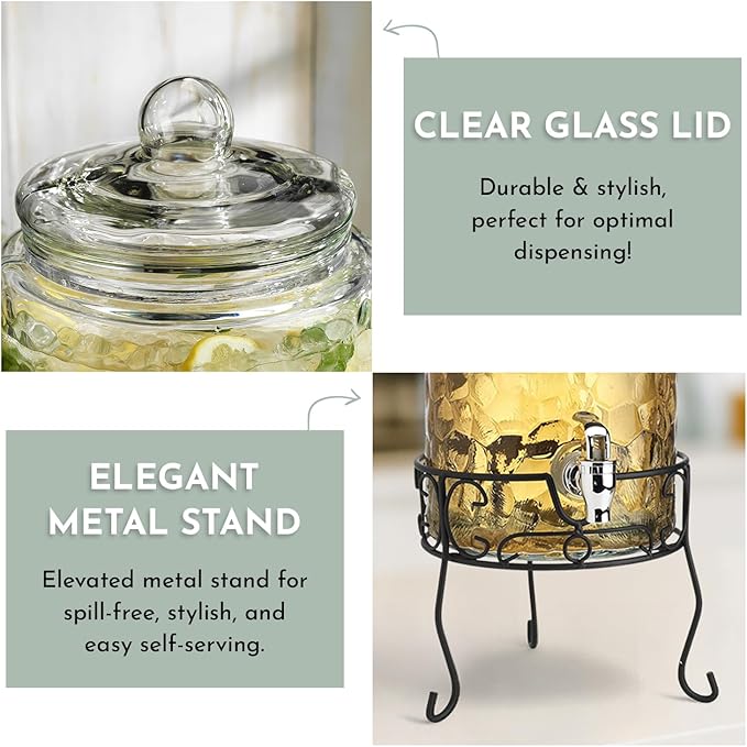 2 PACK 1.5 Gallon Drink dispenser, Classic Hammered Glass Beverage Dispenser With Elegant Stand, Drink Dispensers for Parties With Spigot 100% Leakproof. Perfect For Parties And Daily Use