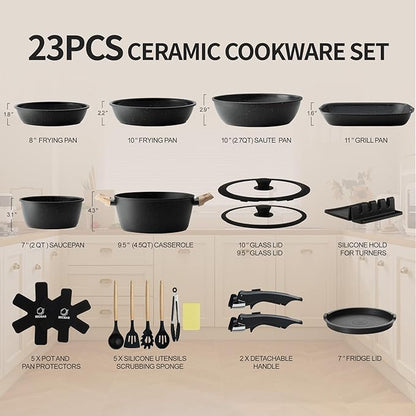 BECIGAR 23pcs Ceramic Pots and Pans Set, Nonstick Detachable Handle Cookware, Induction Kitchen Cooking Set with Removable Handle,include Frying Pans & Saucepans Oven Safe (Black) - Image 4