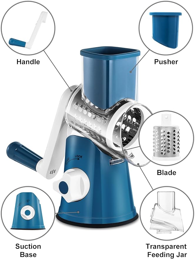 Cheese Grater Rotary, Rotary Grater for Kitchen, Kitchen Grater Vegetable Slicer with 3 Drum Blades, Fast Cutting Cheese Shredder for Vegetables and Nuts - Image 7