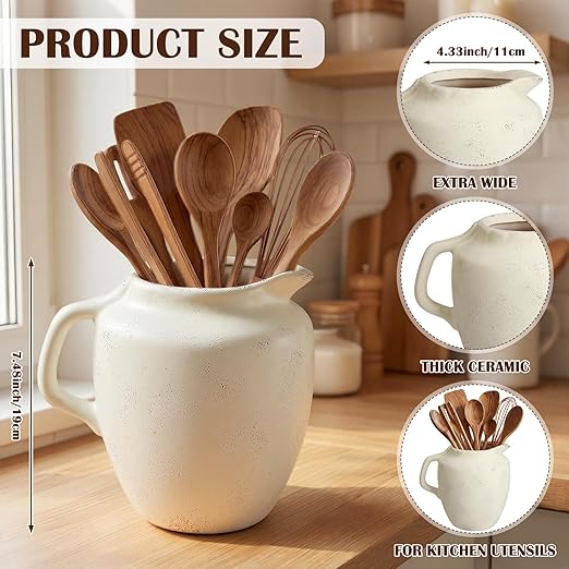 Potchen Rustic Kitchen Utensil Holder with Handle,7.48" H Ceramic Vintage Utensil Crock for Countertop, Farmhouse Kitchen Decoration Ceramic Pot for Spatulas Spoons Tongs(Novelty,Antique Cream) - Image 3