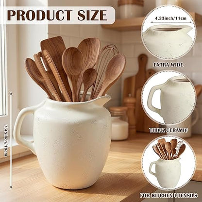 Potchen Rustic Kitchen Utensil Holder with Handle,7.48" H Ceramic Vintage Utensil Crock for Countertop, Farmhouse Kitchen Decoration Ceramic Pot for Spatulas Spoons Tongs(Novelty,Antique Cream) - Image 3
