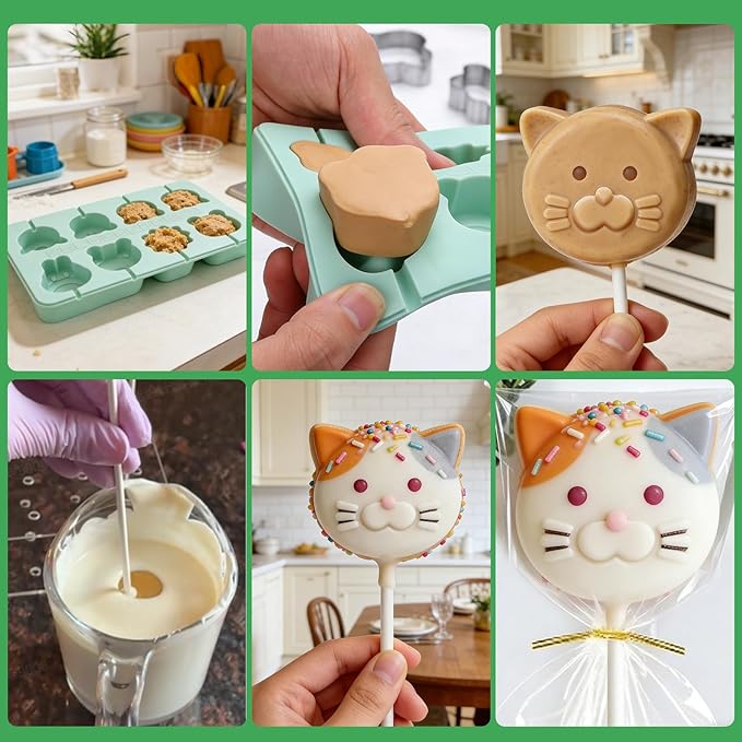 Juome Cake Pop Mold Kit, 2 Pack 16 Cavities Animal Shape Cakesicle Molds Silicone with 100 Wooden Sticks&100 Packaging Bags, Cake Pop Maker Supplies Accessories, Baking Tools for Home Baking Desserts - Image 5